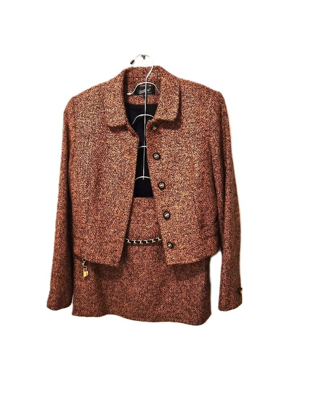VTG Italian Tweed Skirt Suit Set Cropped Jacket&Mini Skirt Wool Silk Chanel Styl
